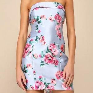 Lulus Never Worn Floral Bow Back Blue Dress